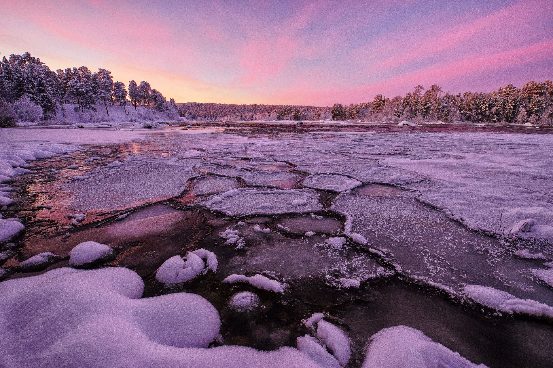 ice river, finland, lapland, finnish lapland, colorful sky, snow, trees, sunset, landscape, winter