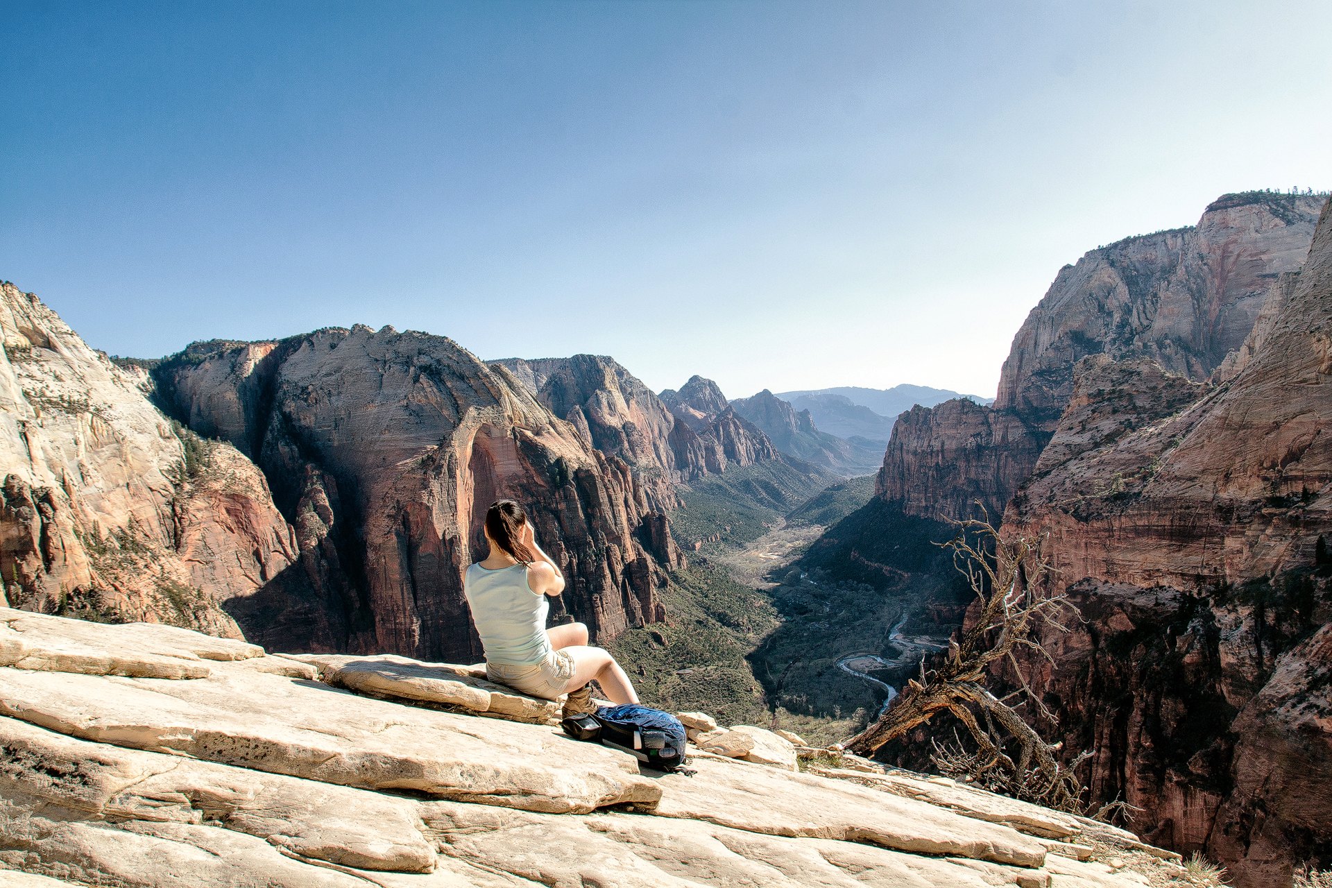 Zion Canyon, Angels Landing, Zion NP, Utah, USA, canyon, trekking, girl overlooking, trekking, hiking, national park,